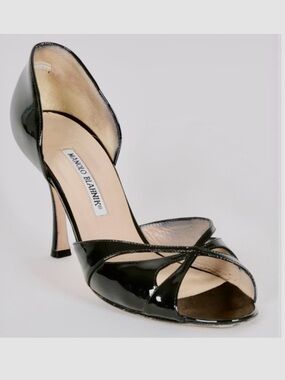 Manolo Blahnik Glossy Black Peep-Toe Heels
